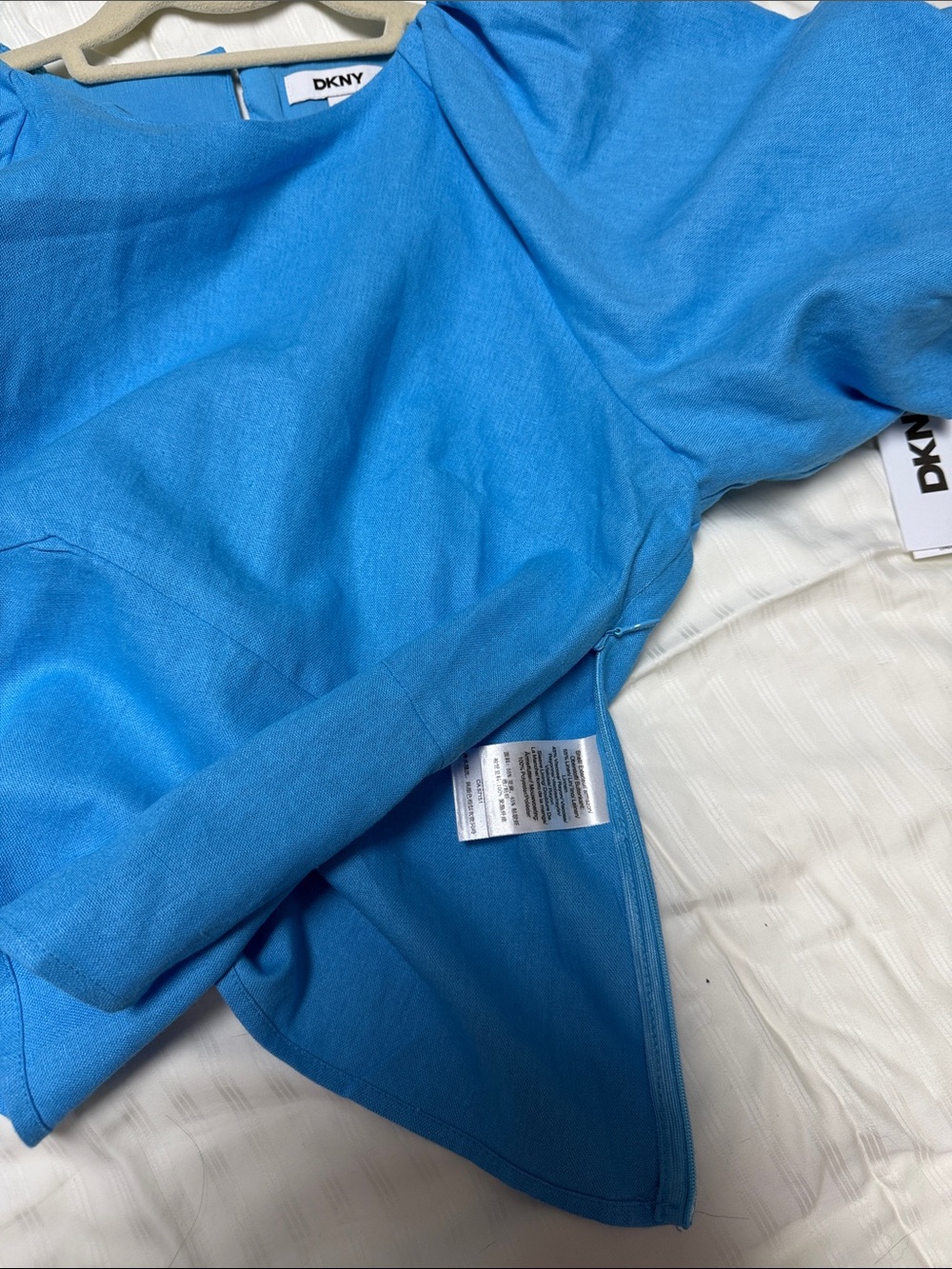 DKNY linen blend Puff Sleeve Blouse in Pool Blue - Picture 7 of 7